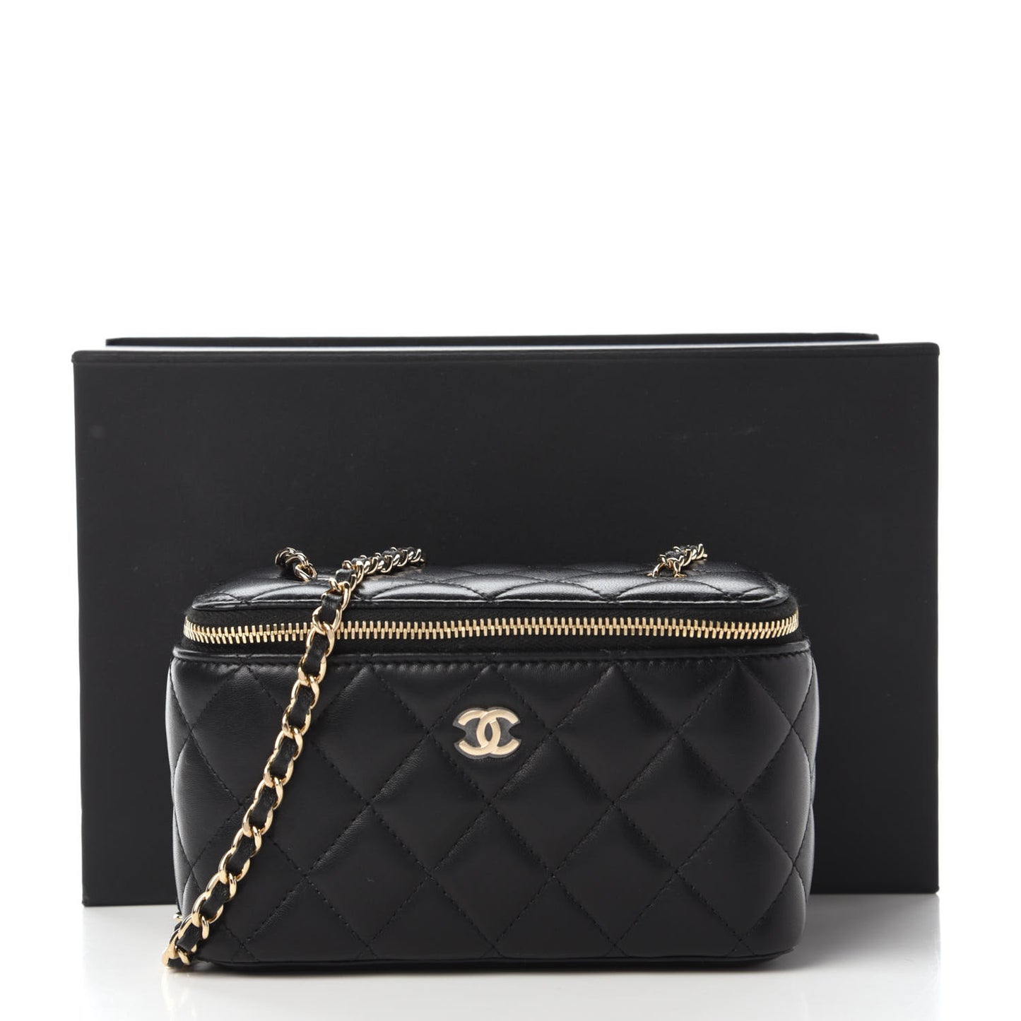 Lambskin Quilted Small Vanity Case With Chain Black