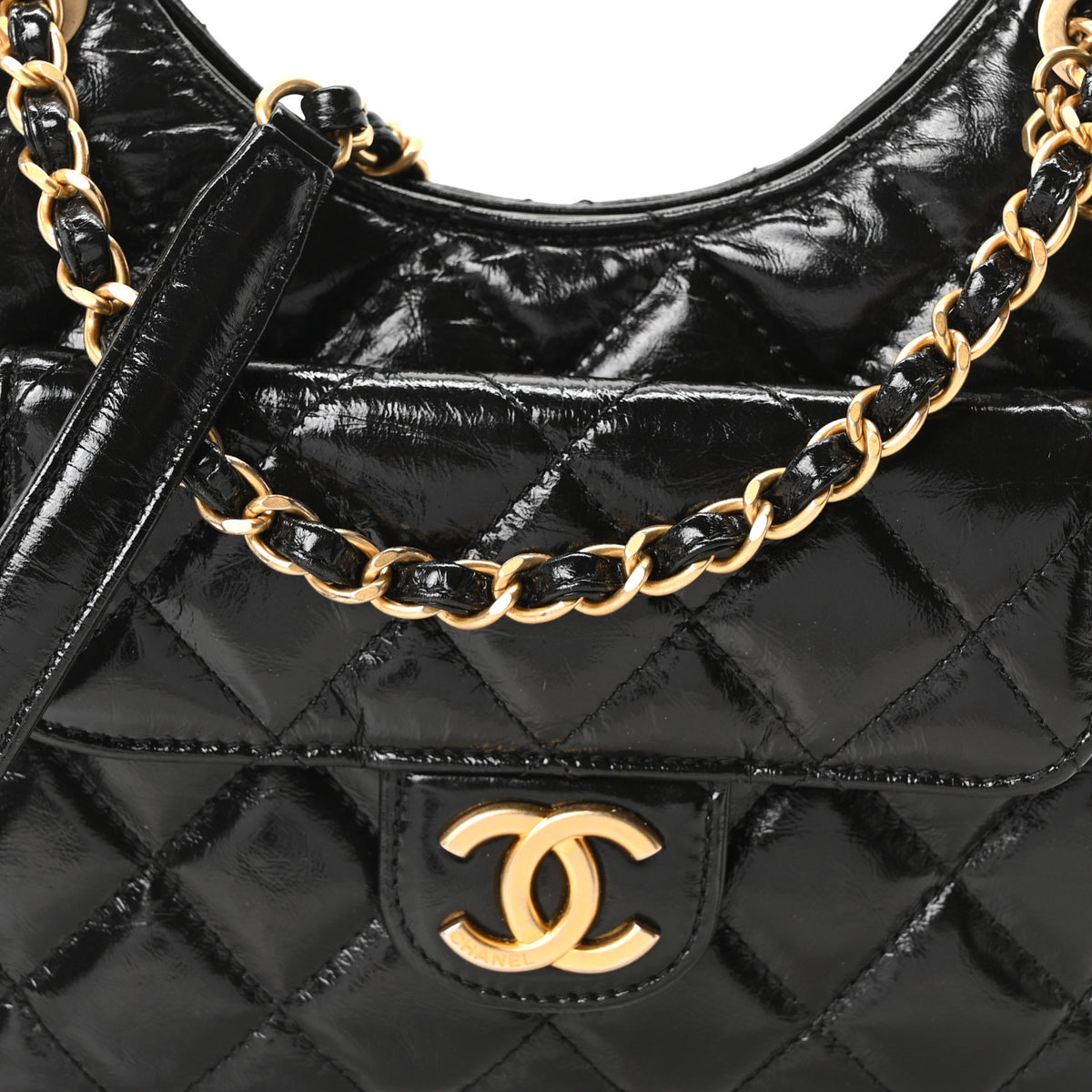 Shiny Crumpled Calfskin Quilted Small Wavy CC Hobo Black