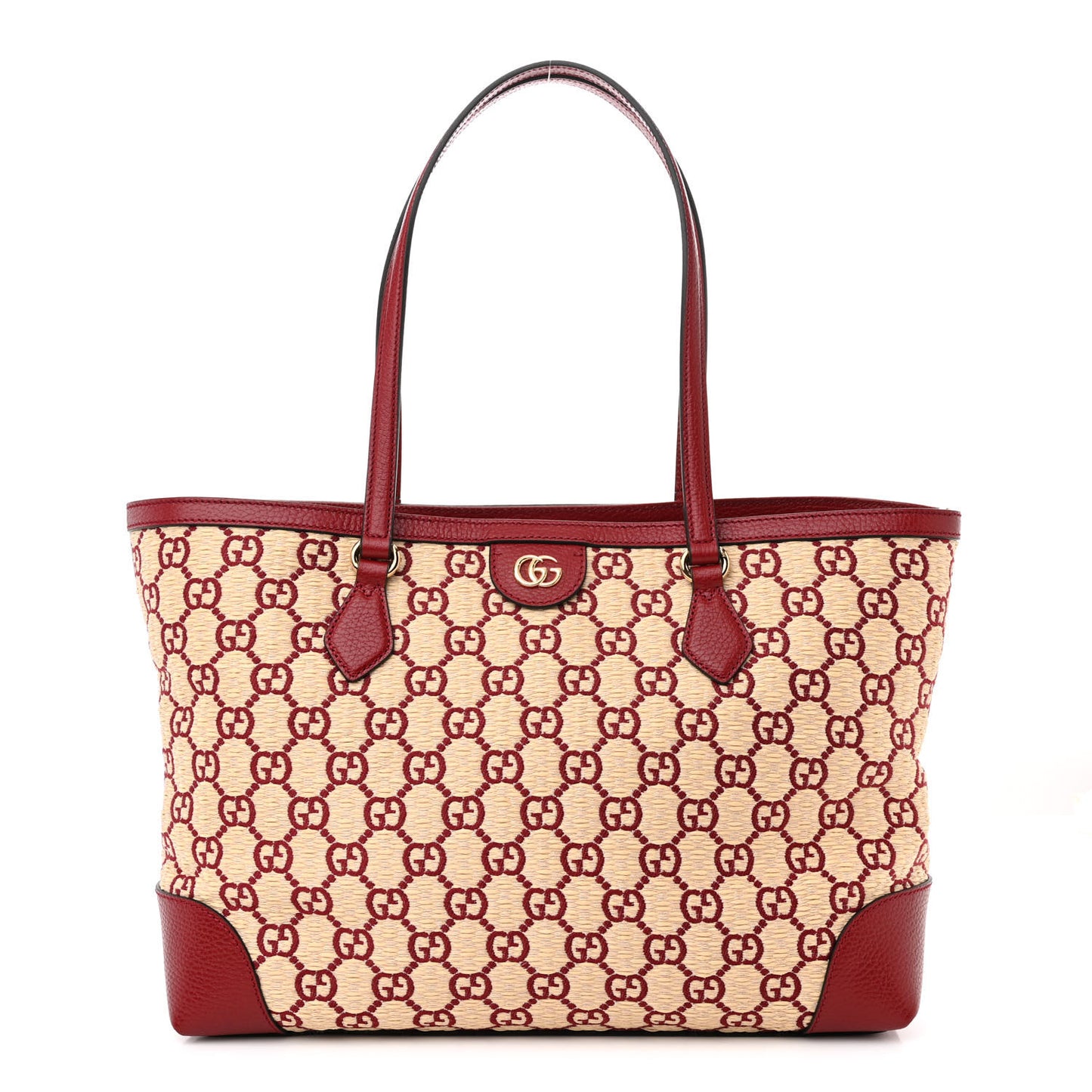 Straw Jacquard Dollar Calfskin GG Monogram Medium Ophidia Shopping Tote Natural New Cherry Red