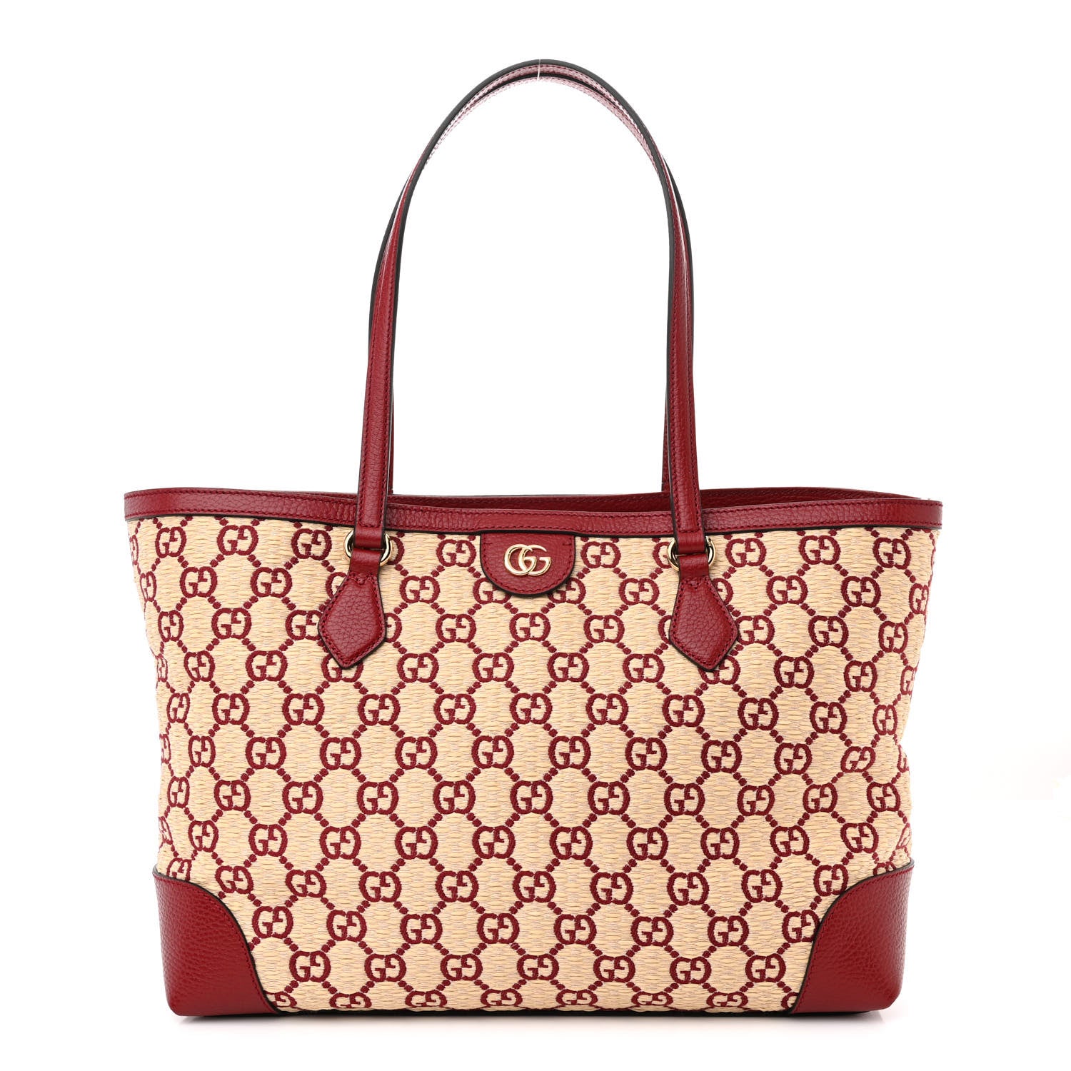 Gucci Straw Jacquard Dollar Calfskin GG Monogram Medium Ophidia Shopping Tote Natural New Cherry Red 1 of 11