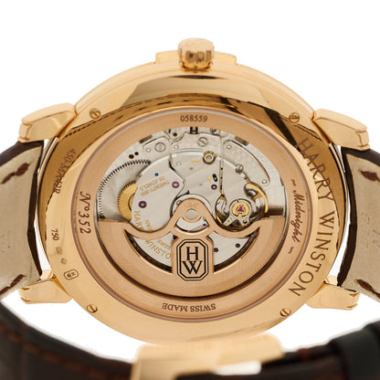 Harry Winston 18K Rose Gold Alligator 42mm Midnight Automatic Watch Champagne 4 of 5
