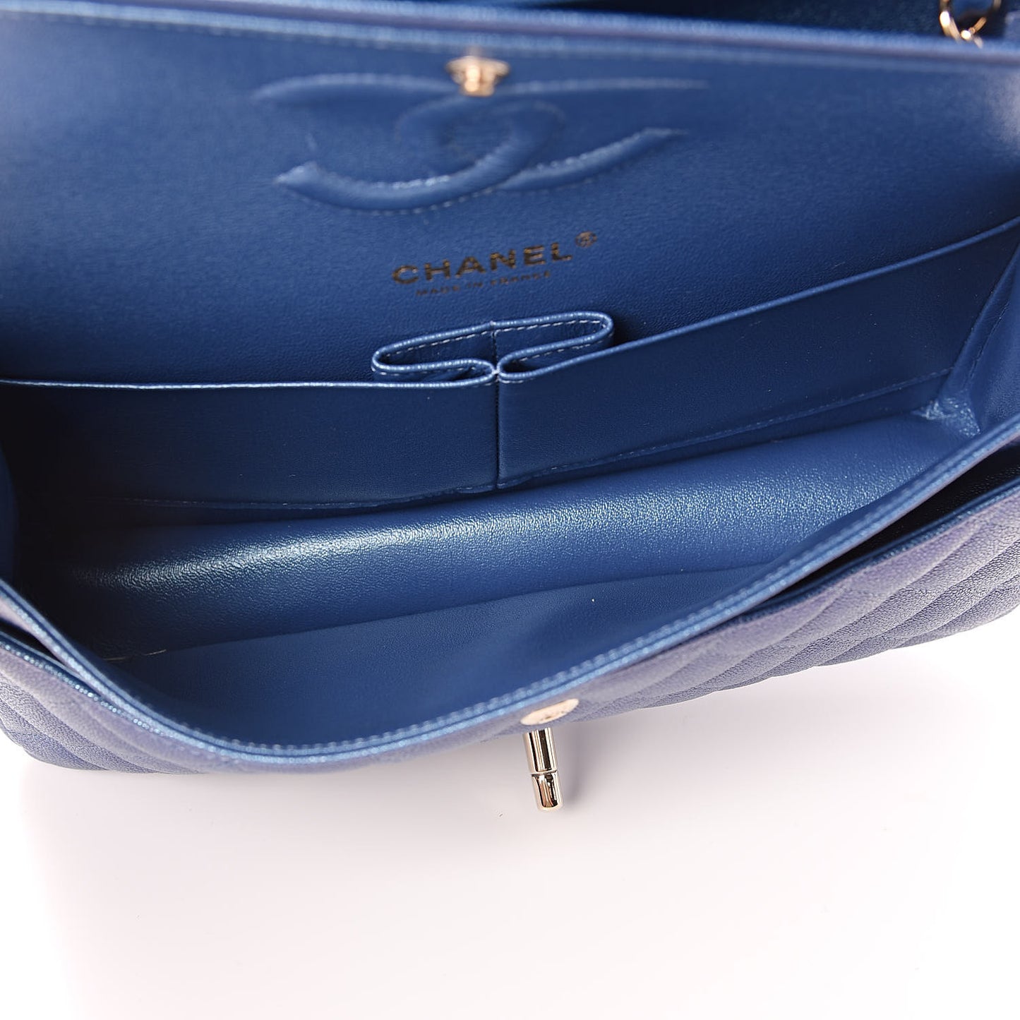 Iridescent Caviar Quilted Medium Double Flap Dark Blue