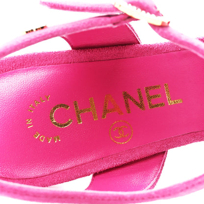 Chanel Suede Lambskin Cap Toe Crystal Slingback Pumps 37.5 Fuchsia Black 7 of 9