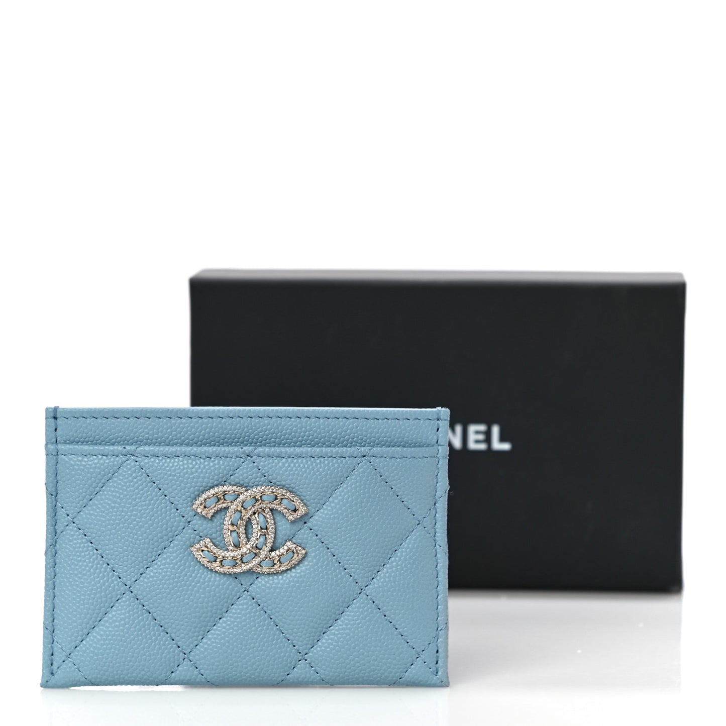 Caviar Quilted Crystal Card Holder Light Blue