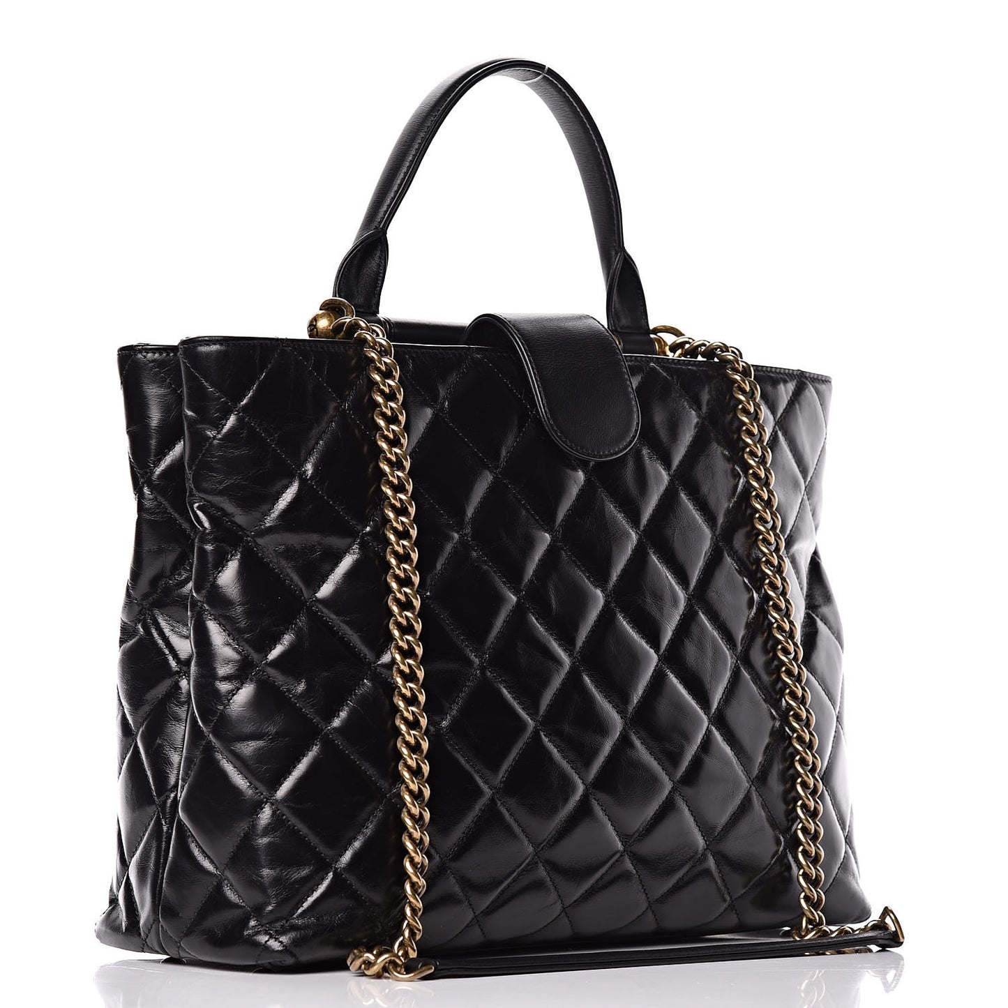 Calfskin Quilted Large Gold Bar Top Handle Tote Black
