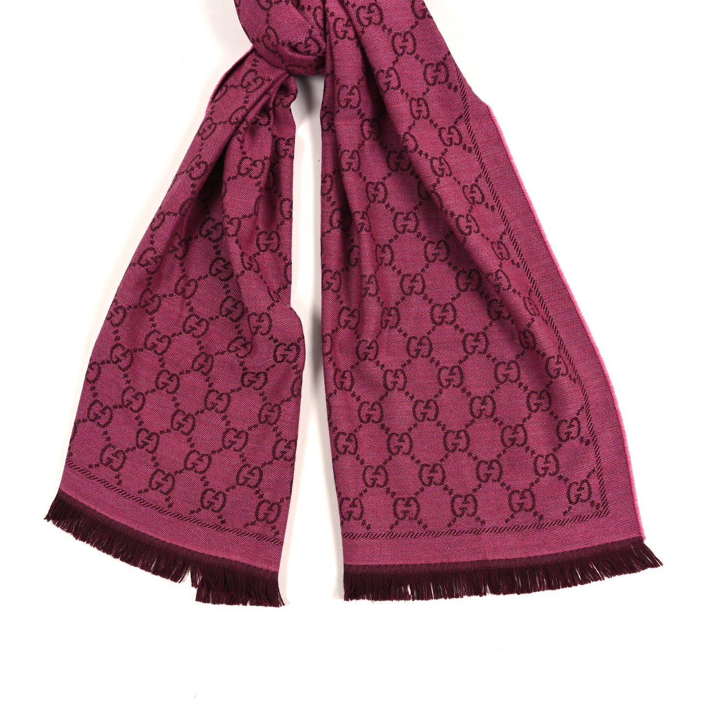 Wool Jacquard GG Monogram Sten Fringe Scarf Magenta Bordeaux
