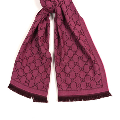 Gucci Wool Jacquard GG Monogram Sten Fringe Scarf Magenta Bordeaux 2 of 3