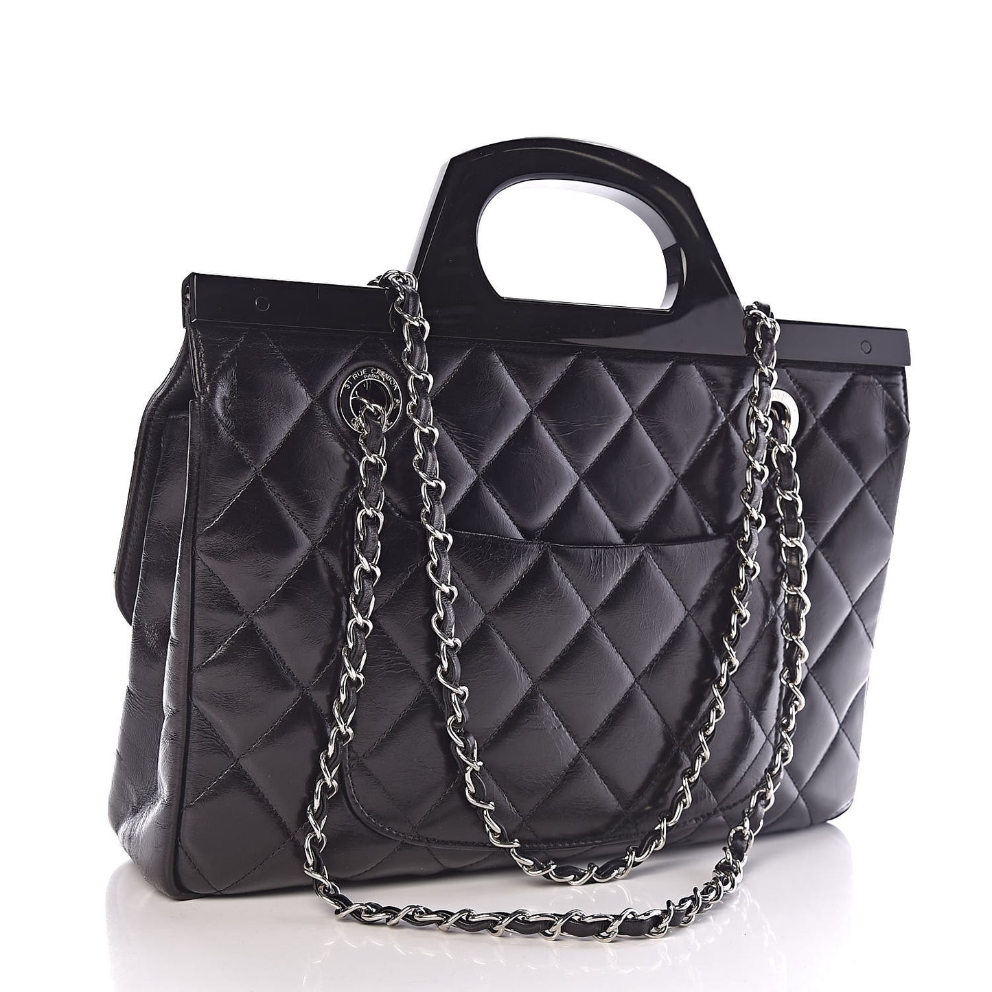 Glazed Calfskin Quilted Small CC Delivery Tote Black