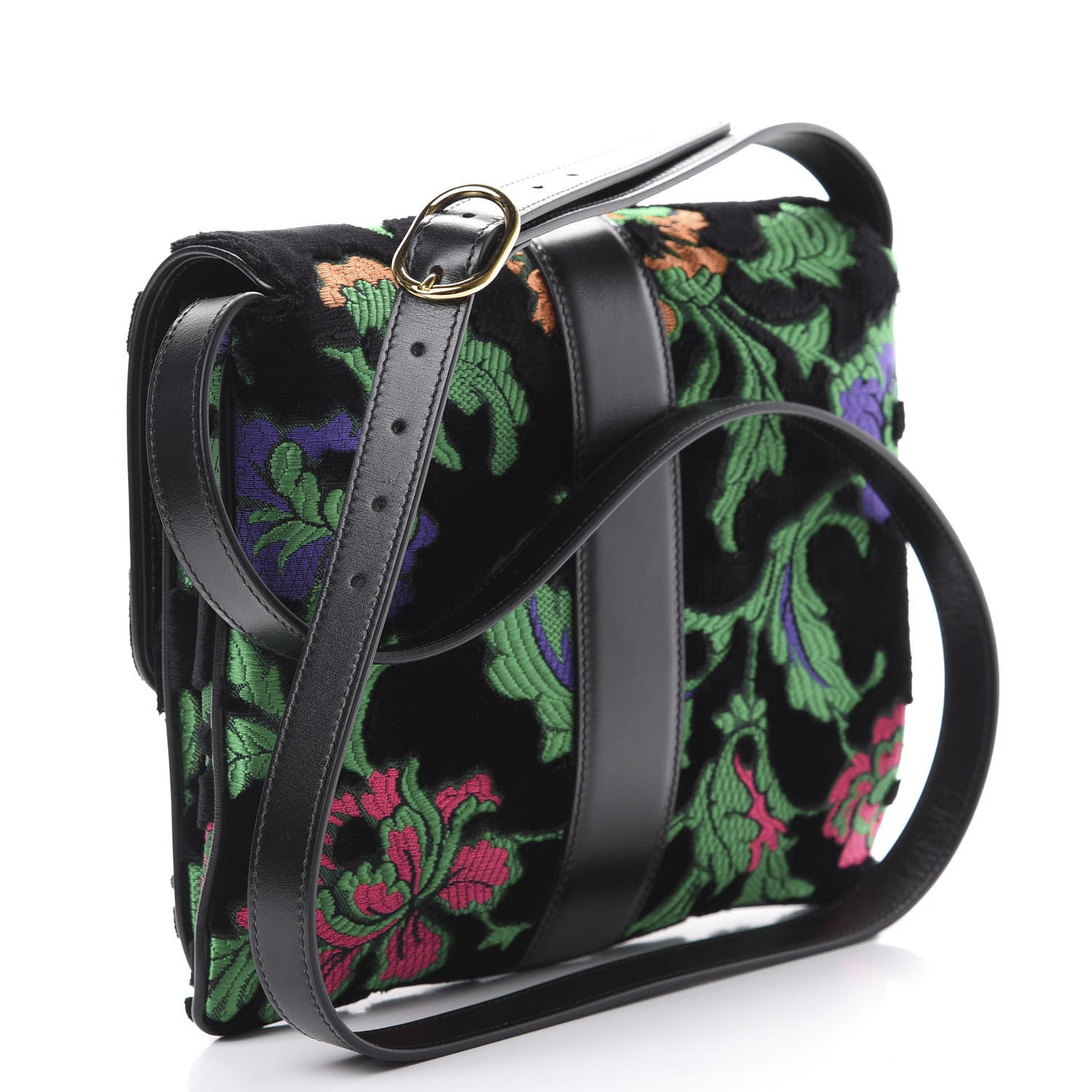 Gucci Velvet Jacquard Floral Embroidered Medium Arli Flap Shoulder Bag Black Green Multicolor 2 of 10