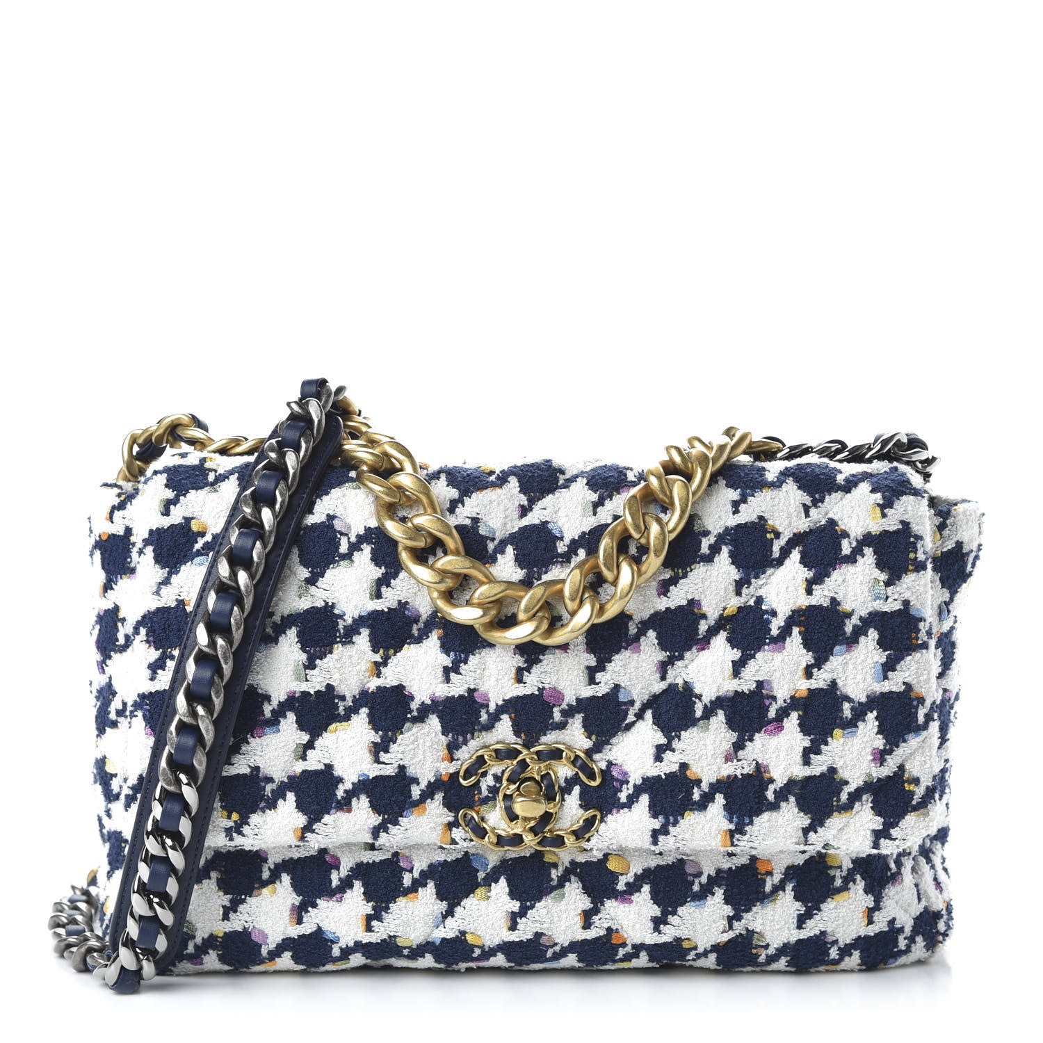 Chanel Tweed Quilted Large Chanel 19 Flap Ecru Navy Blue Multicolor 1 of 10