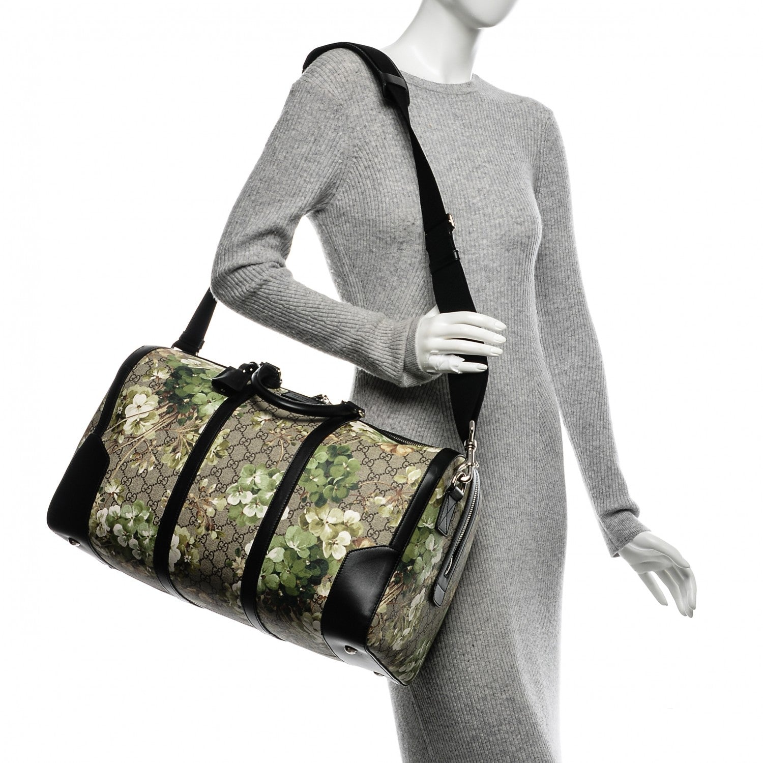 Gucci GG Supreme Monogram Blooms Medium Duffle Beige New Military Black 2 of 7