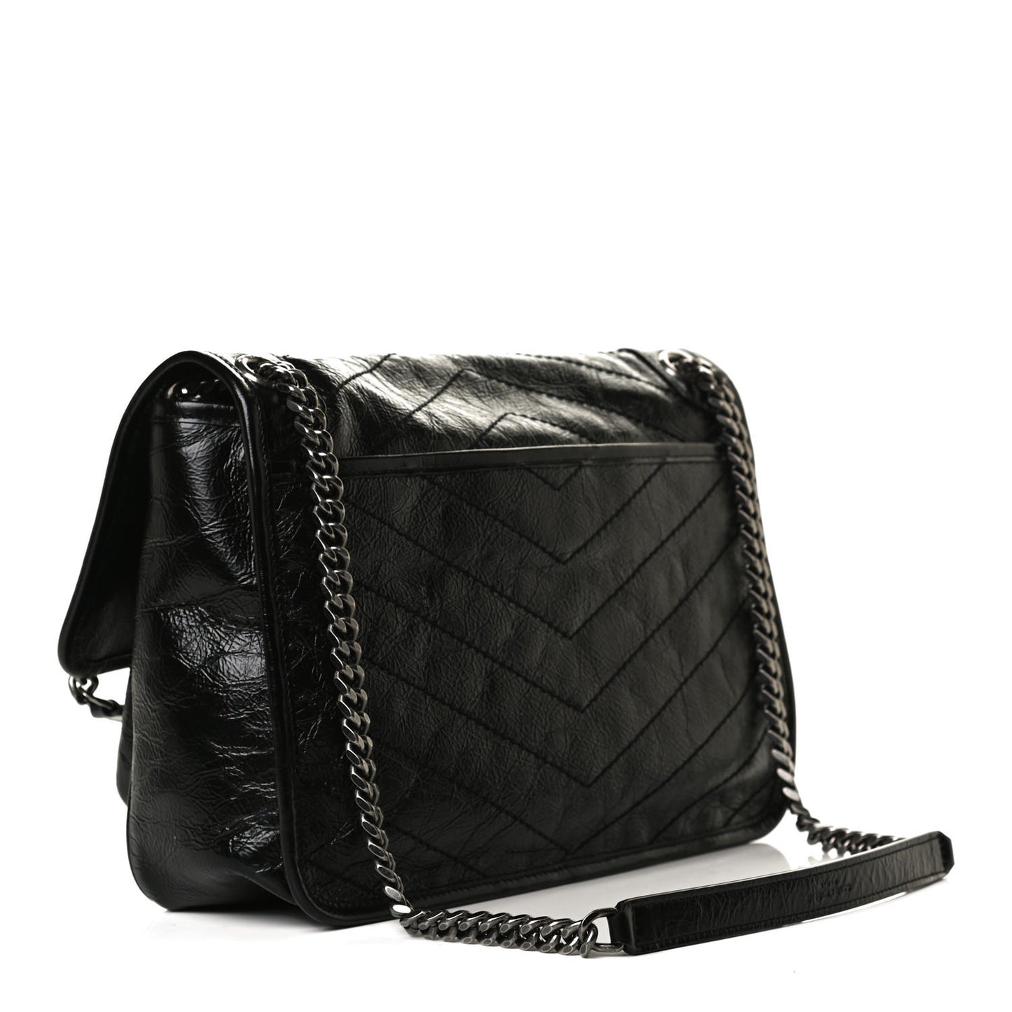 Crinkled Calfskin Matelasse Monogram Medium Niki Chain Satchel Black