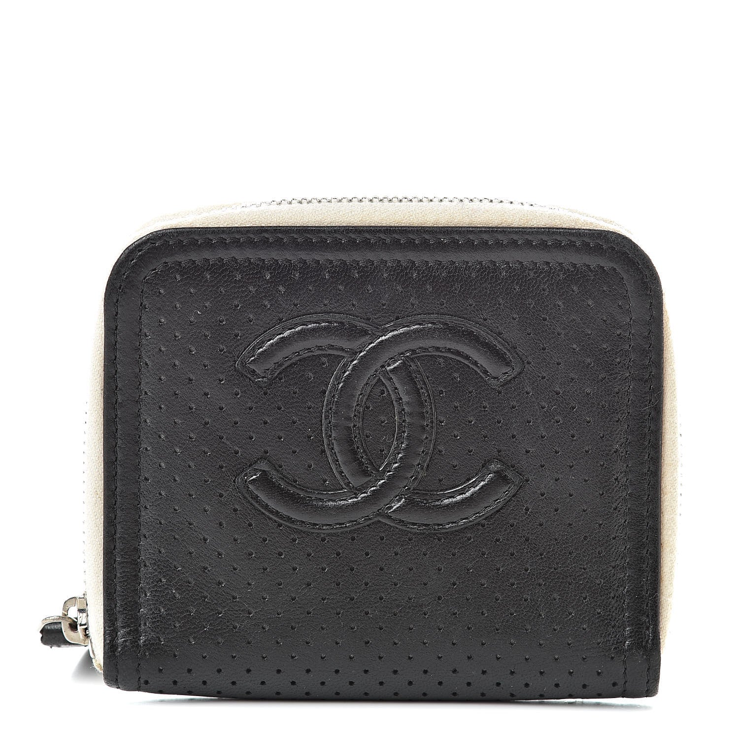 Chanel Calfskin Perforated Timeless Compact Zip Wallet Black White 1 of 10