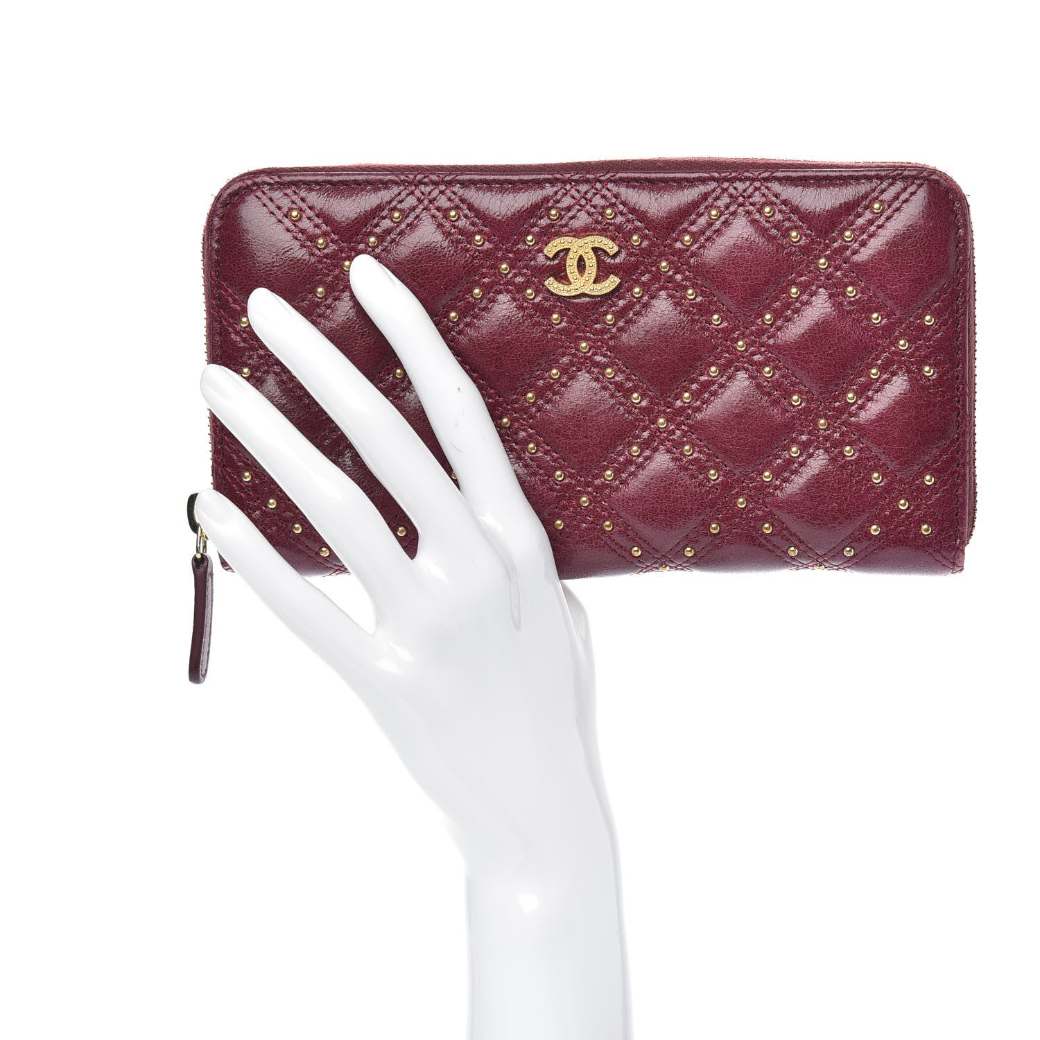 Chanel Lambskin Studded Quilted Zip Around Wallet Burgundy 2 of 13