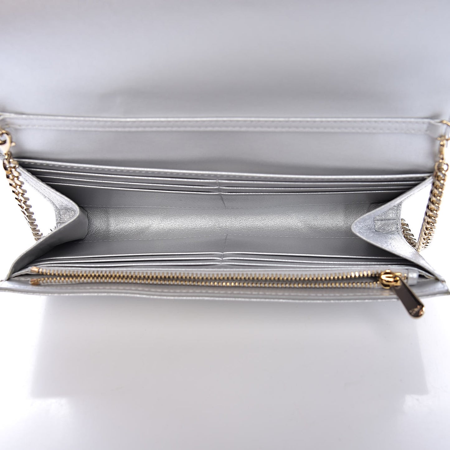 Metallic Grained Calfskin Diorama Croisiere Chain Wallet Silver