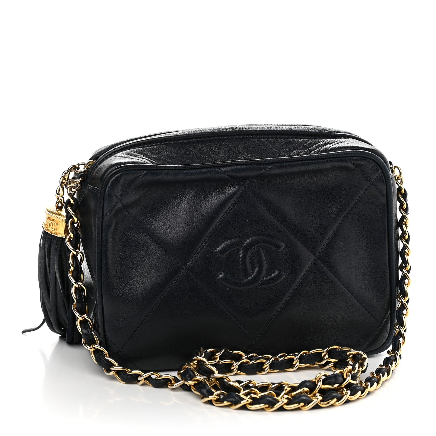 Lambskin Quilted CC Tassel Camera Case Navy