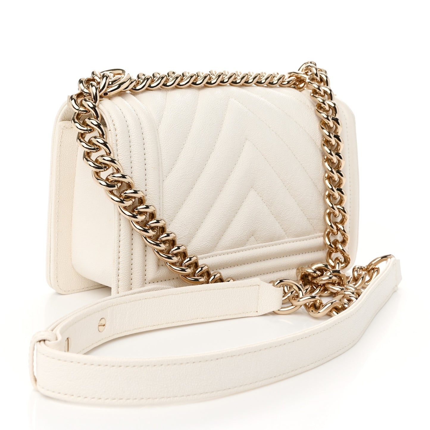 Caviar Chevron Quilted Small Boy Flap White