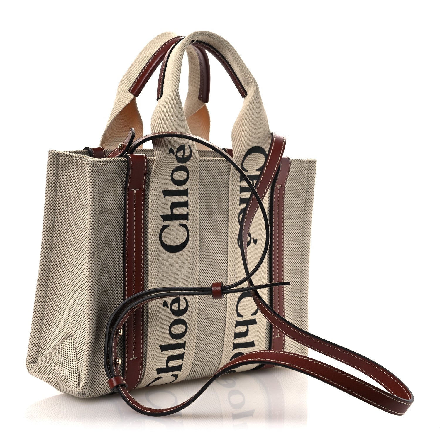 Chloe Cotton Calfskin Small Woody Ribbon Tote With Strap White Brown 3 of 10