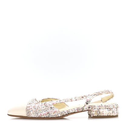 Chanel Tweed Cap Toe CC Slingback Flat 37 White 1 of 8