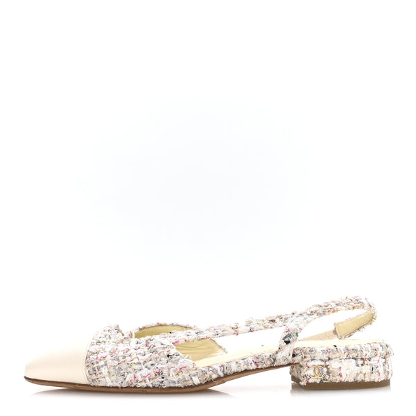 Chanel Tweed Cap Toe CC Slingback Flat 37 White 1855909 – FASHIONPHILE