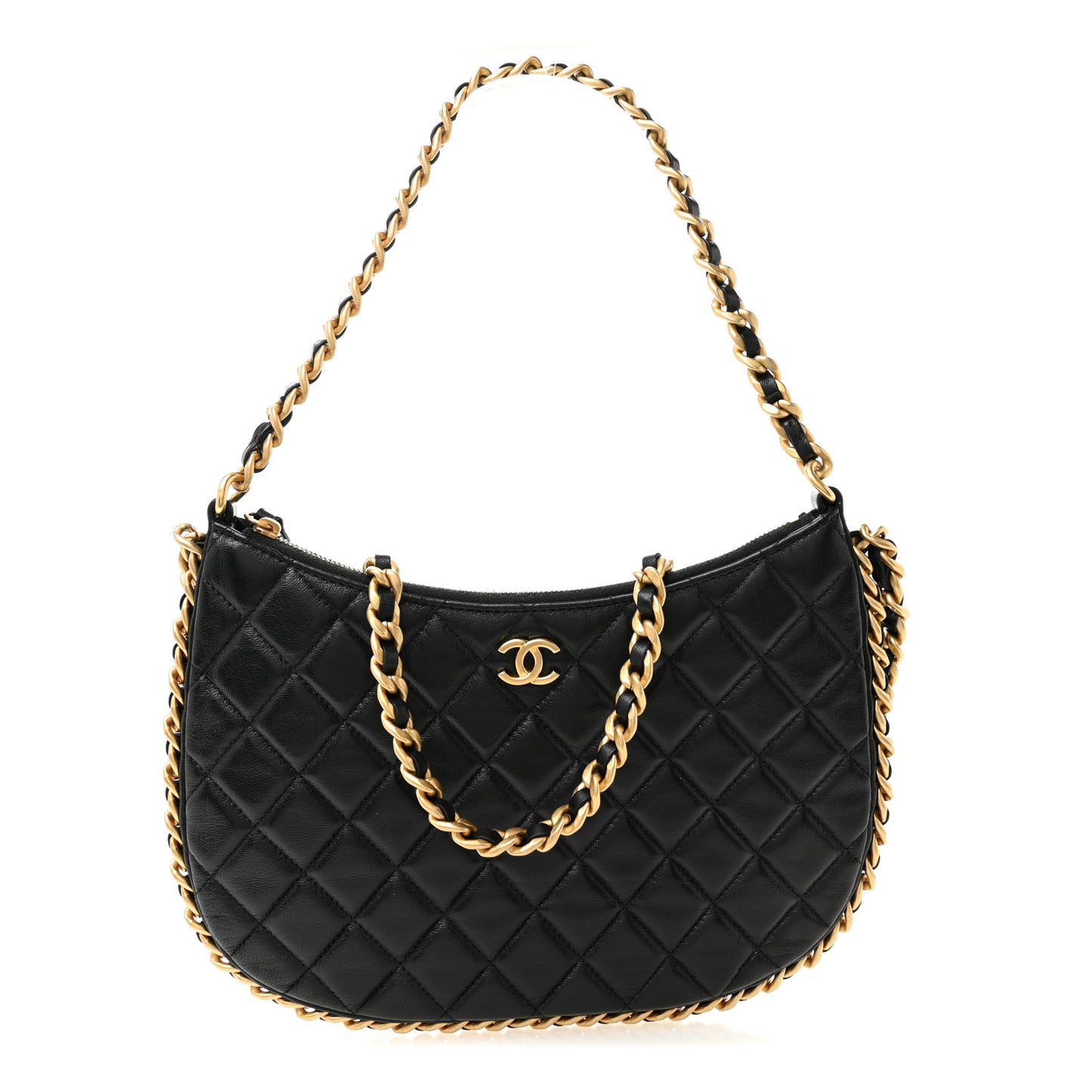 Shiny Crumpled Lambskin Quilted Large Trendy Chain Around Hobo Black