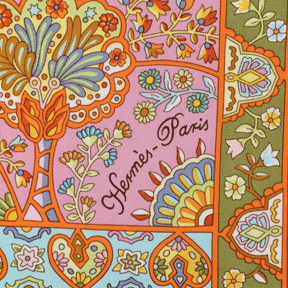 Hermes Silk Au Pays Des Oiseaux-Fleurs 90 Orange Bleu Vert 4 of 5