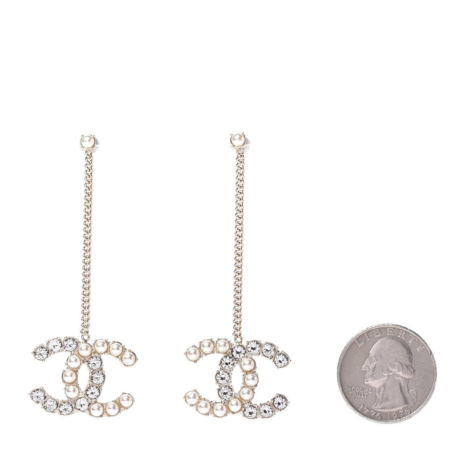 Chanel Crystal Pearl Dazzling Domino Drop Earrings Matte Gold 2 of 5