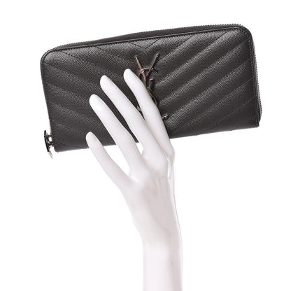 Saint Laurent Grain De Poudre Matelasse Chevron Monogram Zip Around Wallet Coal 2 of 9