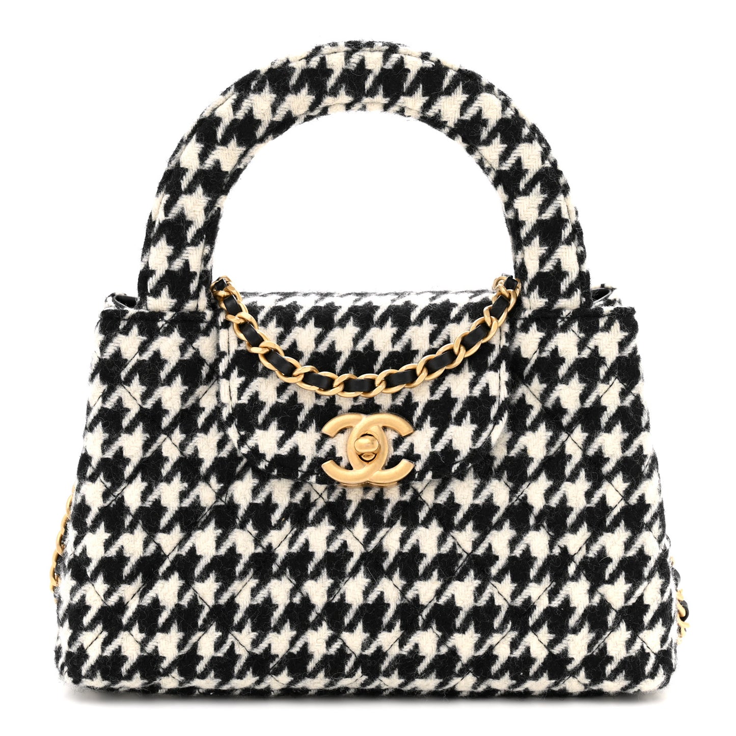 Tweed Houndstooth Quilted Nano Kelly Shopper Black White