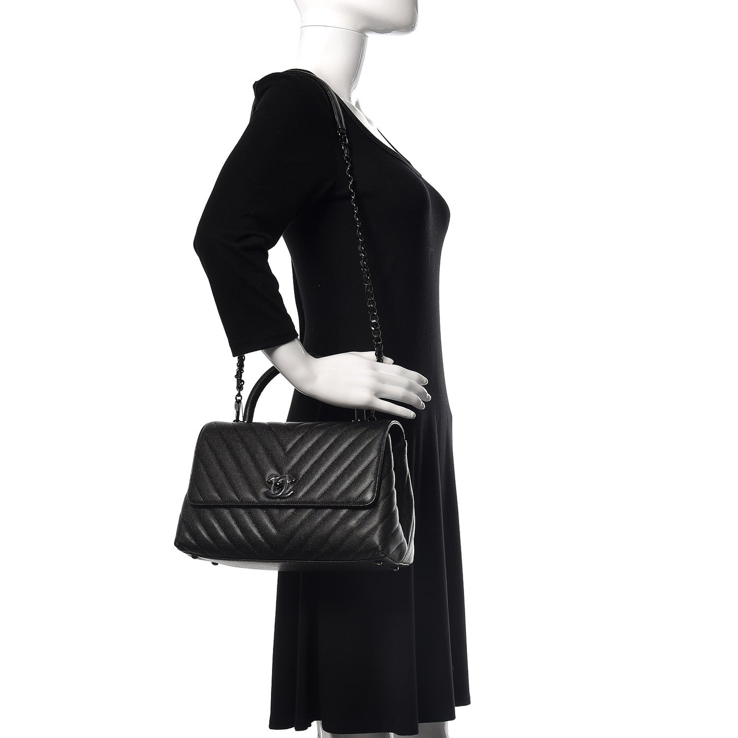 Caviar Chevron Quilted Small Coco Handle Flap So Black