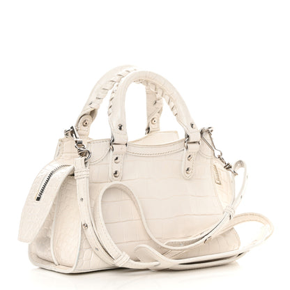 Balenciaga Extra Supple Calfskin Crocodile Embossed Neo Classic Silver Hardware Mini City White 3 of 17