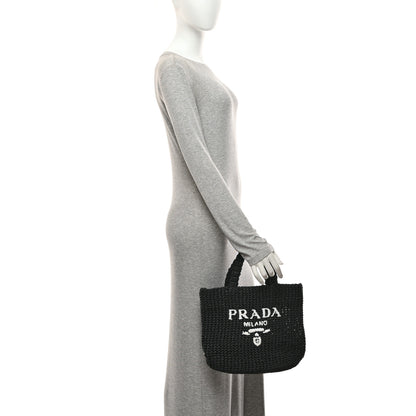 Prada Yarn Raffia Effect Crochet Embroidered Small Logo Tote Black 2 of 10