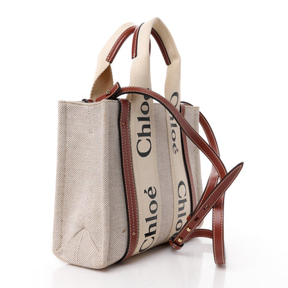 Chloe Cotton Calfskin Small Woody Ribbon Tote With Strap White Brown 3 of 14