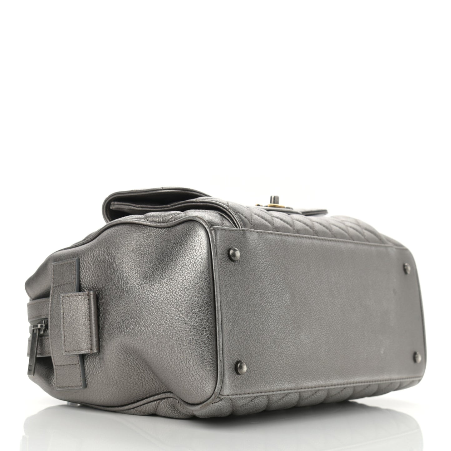 Metallic Grained Calfskin Quilted Large Casual Pocket Bowling Bag Silver