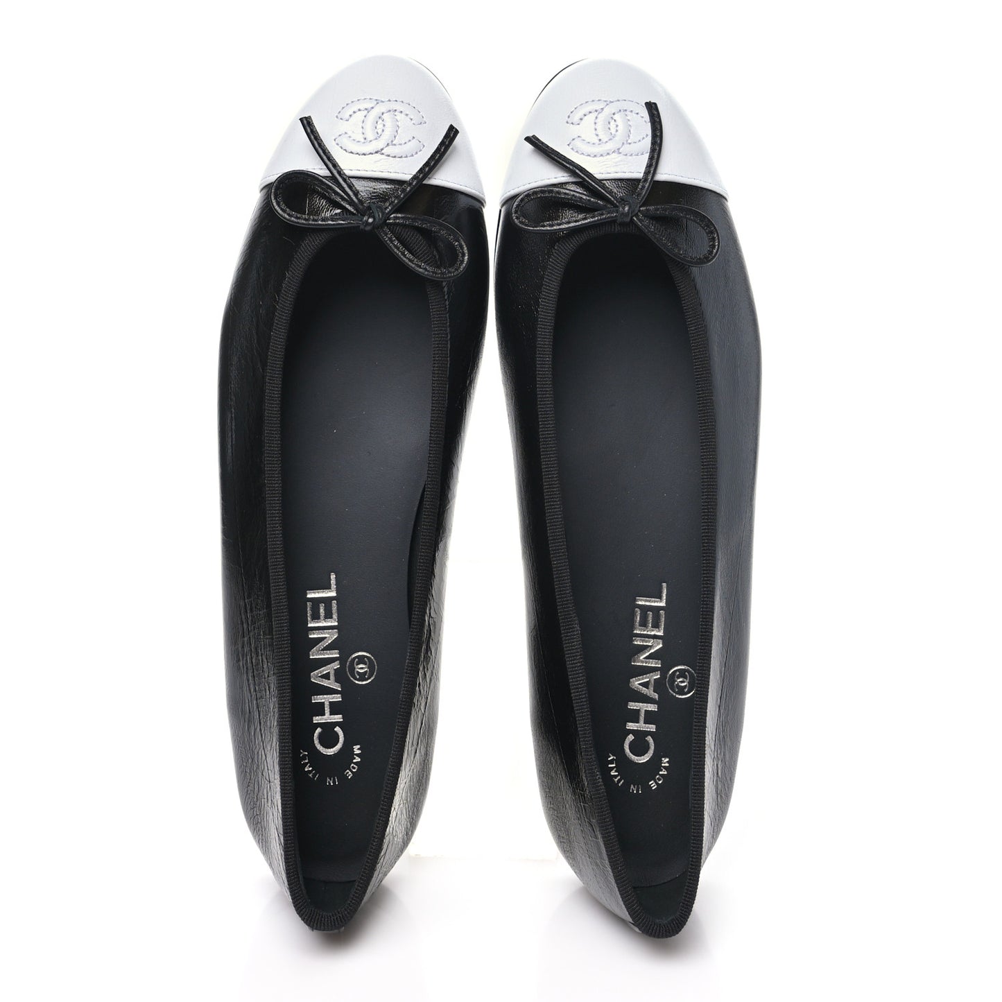 Crumpled Shiny Lambskin Cap Toe CC Ballerina Flats 39.5 Black White