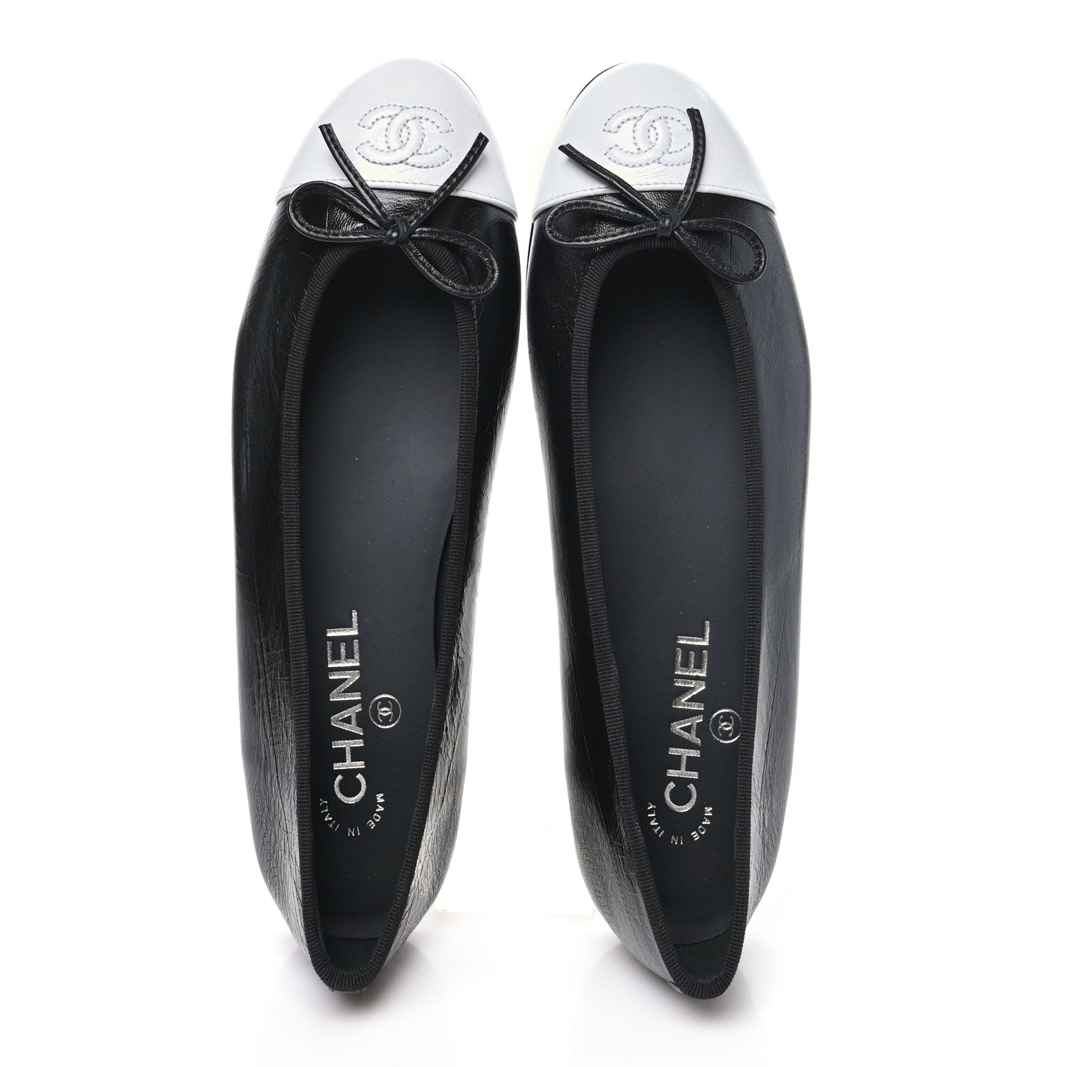Chanel Crumpled Shiny Lambskin Cap Toe CC Ballerina Flats 39.5 Black White 5 of 10