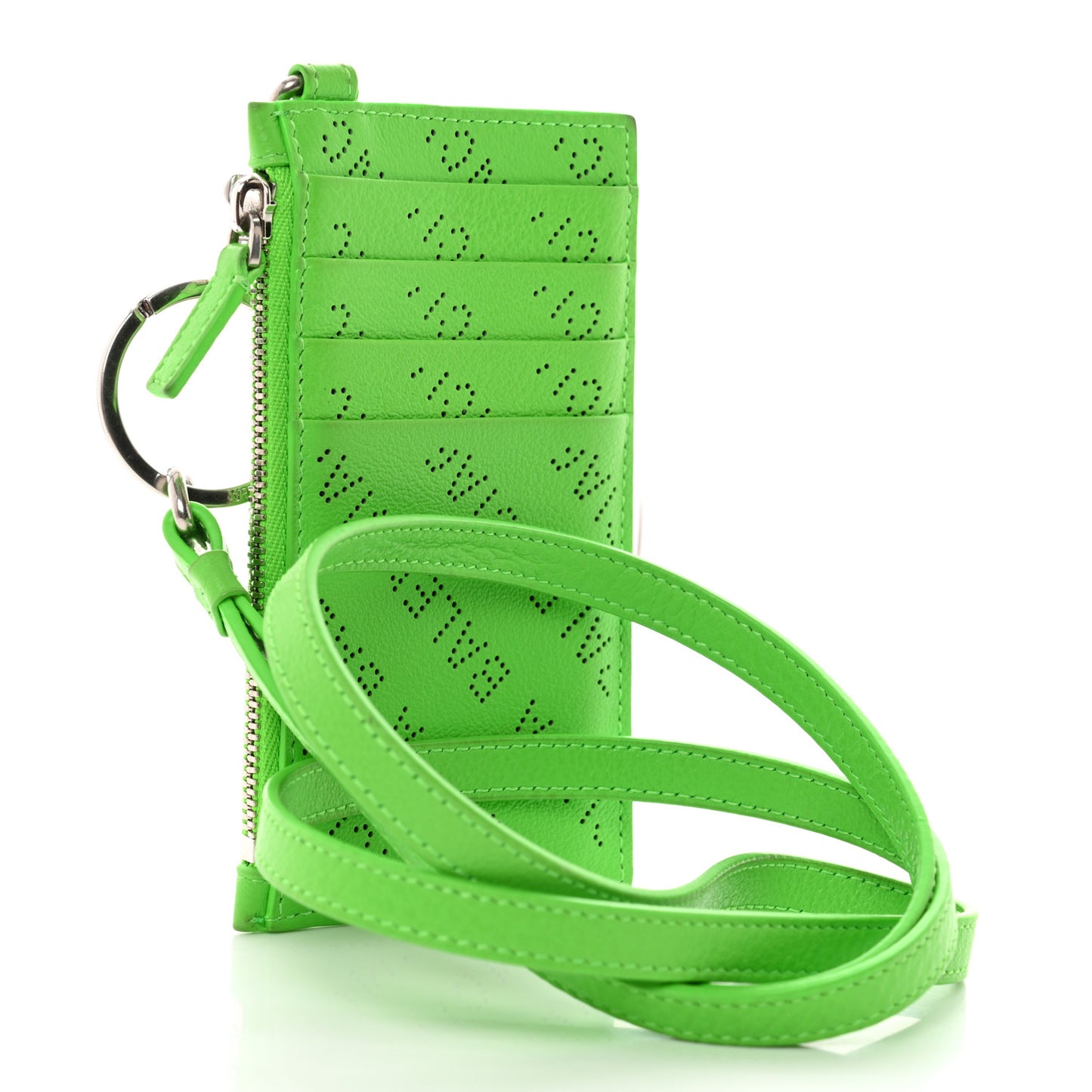 Calfskin Logo Perforated Cash Coin Card Holder On Keychain Acid Green