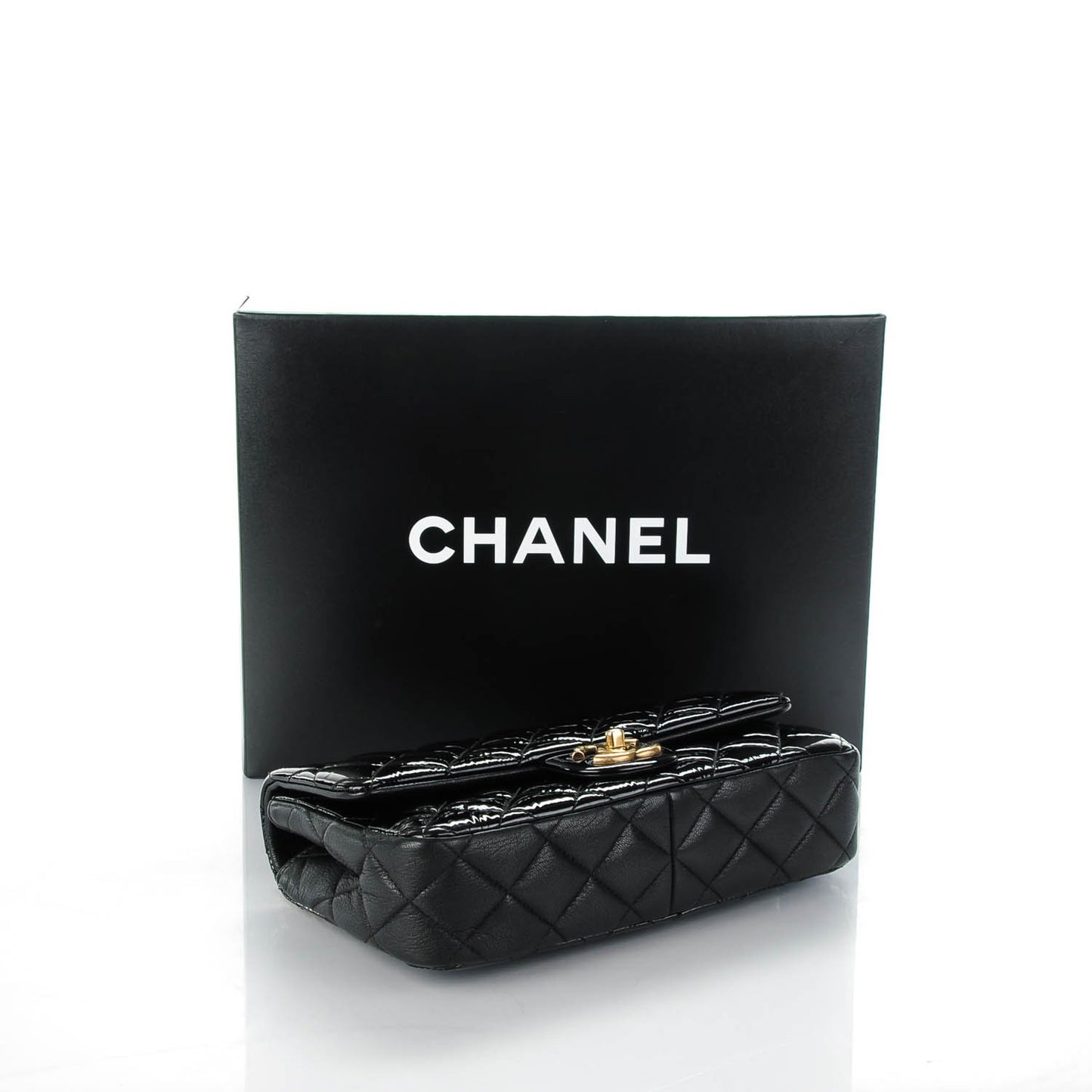 Patent Goatskin Quilted Medium CC Eyelet Flap Black