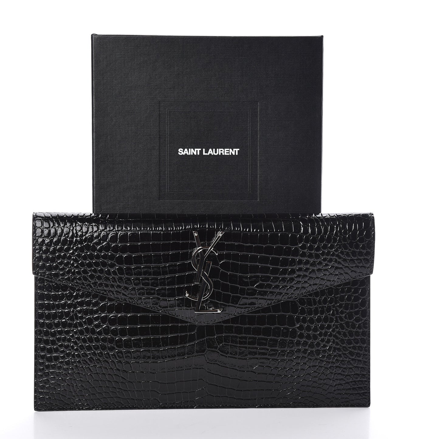 Calfskin Crocodile Embossed Uptown Monogram Clutch Black