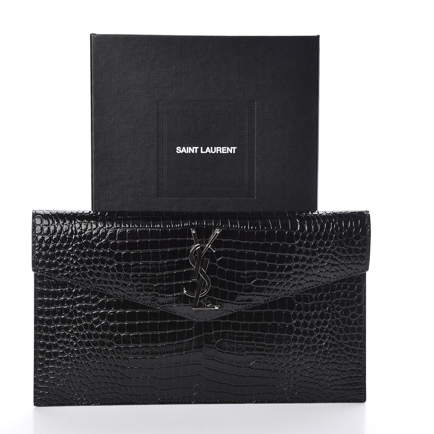 Saint Laurent Calfskin Crocodile Embossed Uptown Monogram Clutch Black 7 of 7