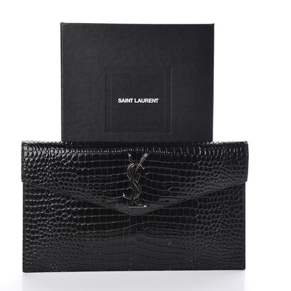 Saint Laurent Calfskin Crocodile Embossed Uptown Monogram Clutch Black 7 of 7