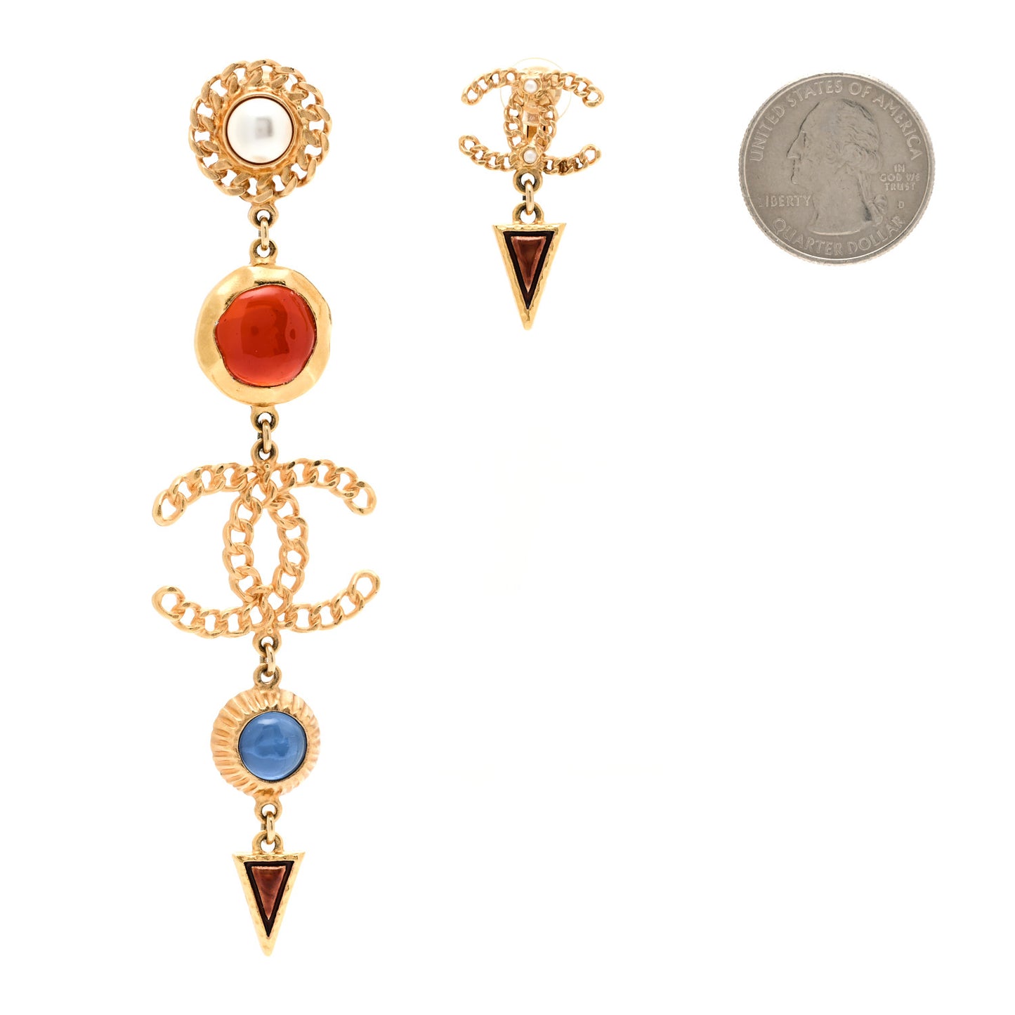 Metal Pearl Gripoix CC Asymmetrical Chain Drop Clip On Earrings Gold