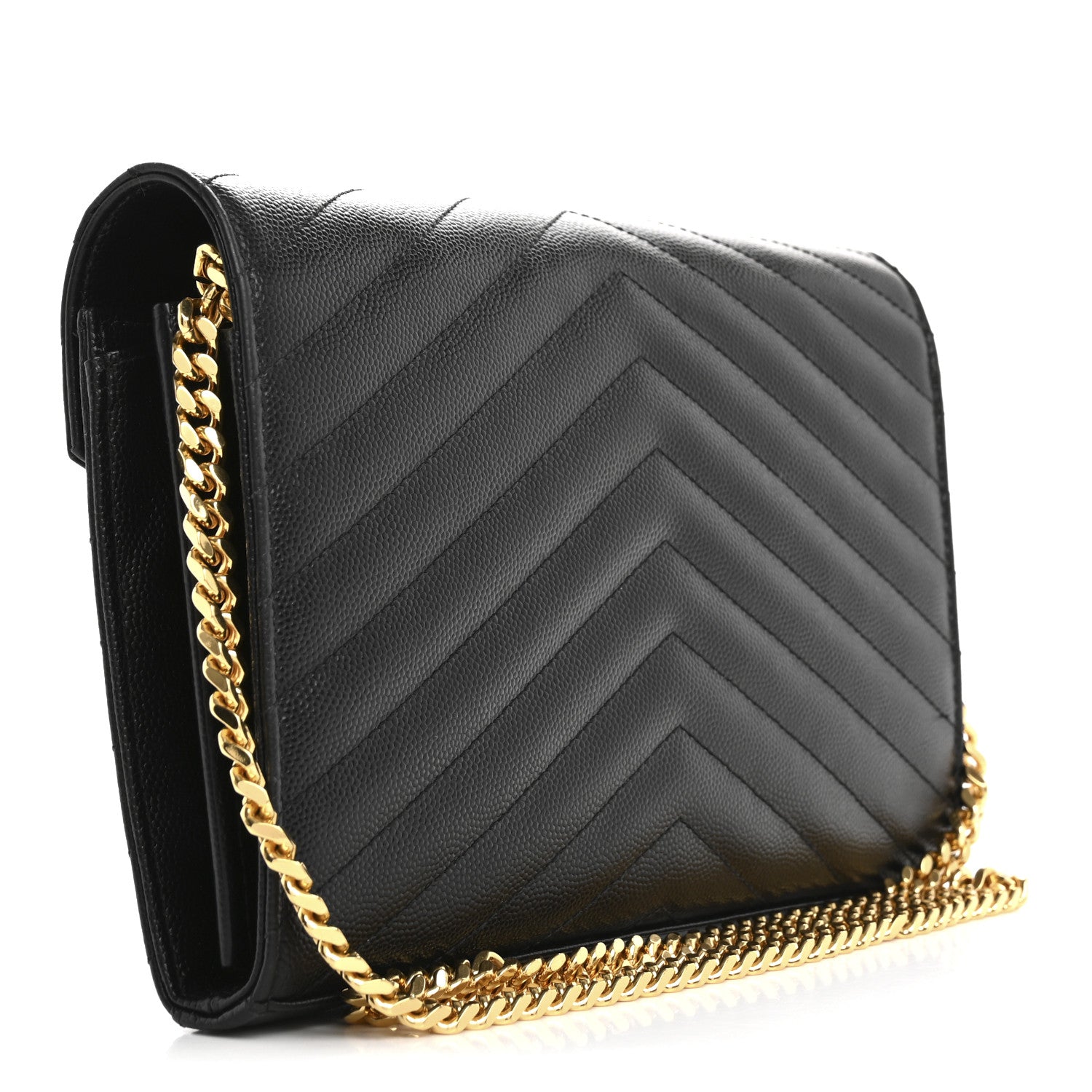 Saint Laurent Grain De Poudre Matelasse Chevron Monogram Chain Wallet Black 3 of 13