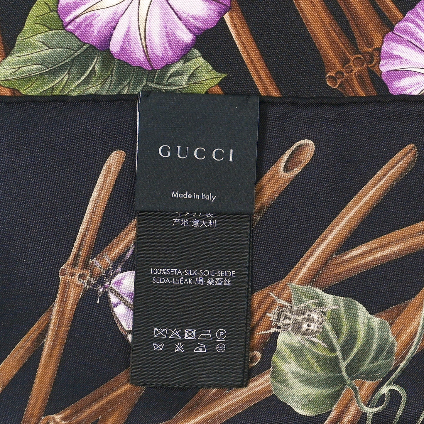 Silk Floral Print Scarf Black Multicolor