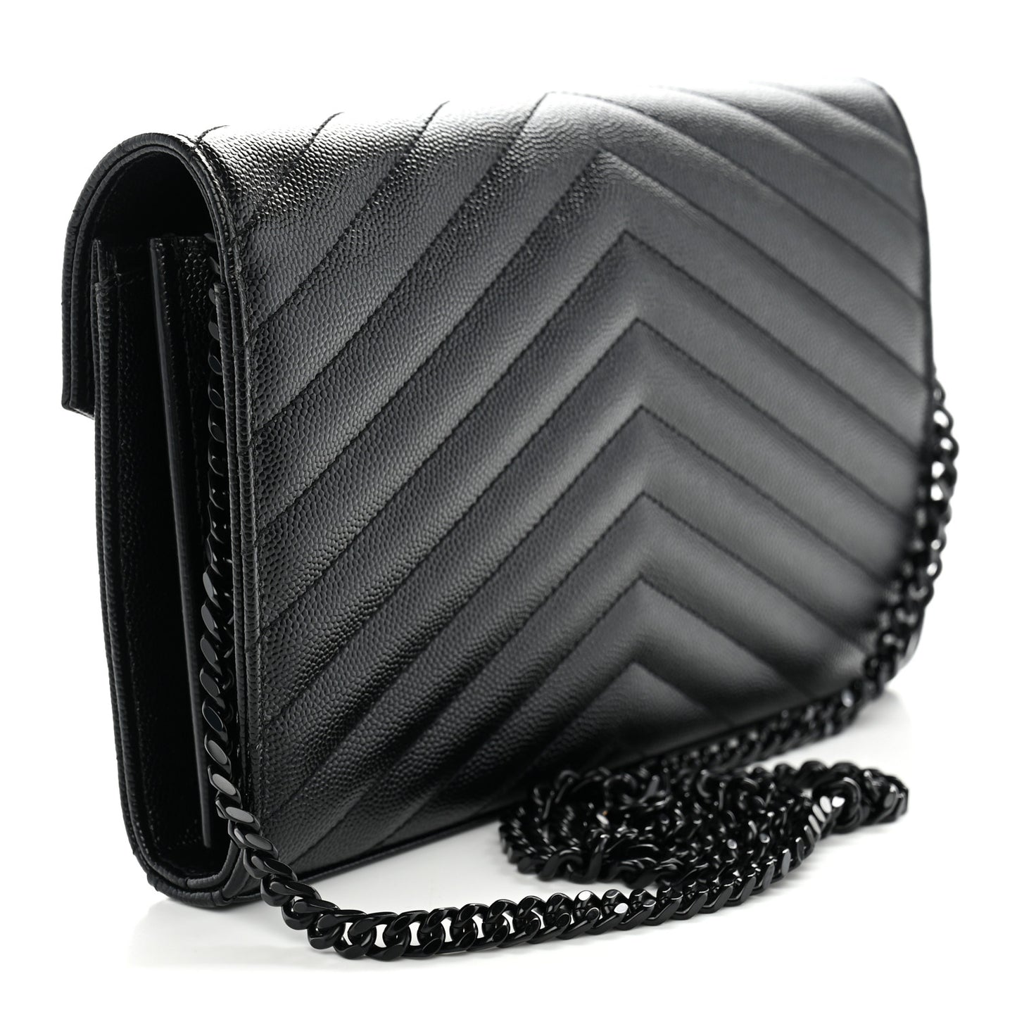 Grain De Poudre Matelasse Chevron Monogram Monochrome Envelope Chain Wallet Black