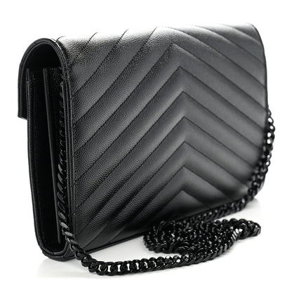 Saint Laurent Grain De Poudre Matelasse Chevron Monogram Monochrome Envelope Chain Wallet Black 3 of 11