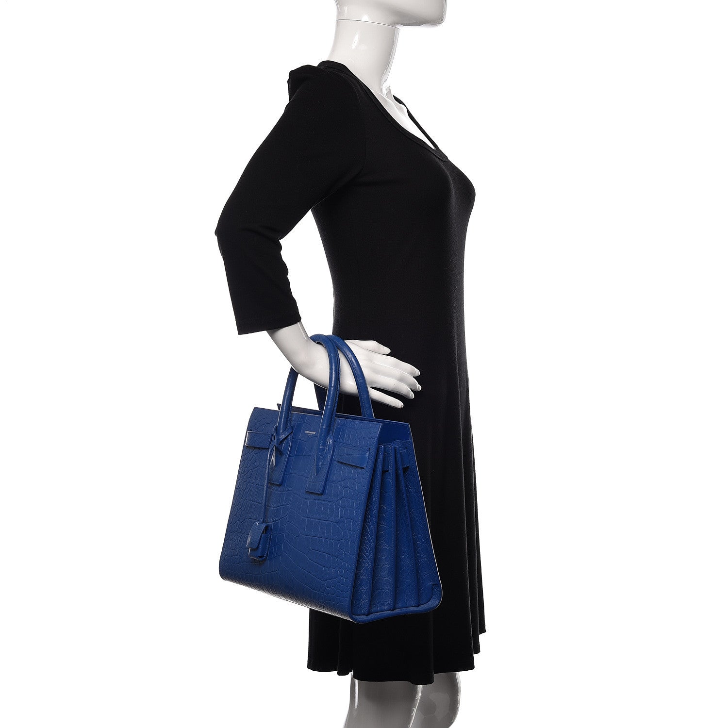 Saint Laurent Calfskin Crocodile Embossed Small Sac De Jour Royal Blue 3 of 18