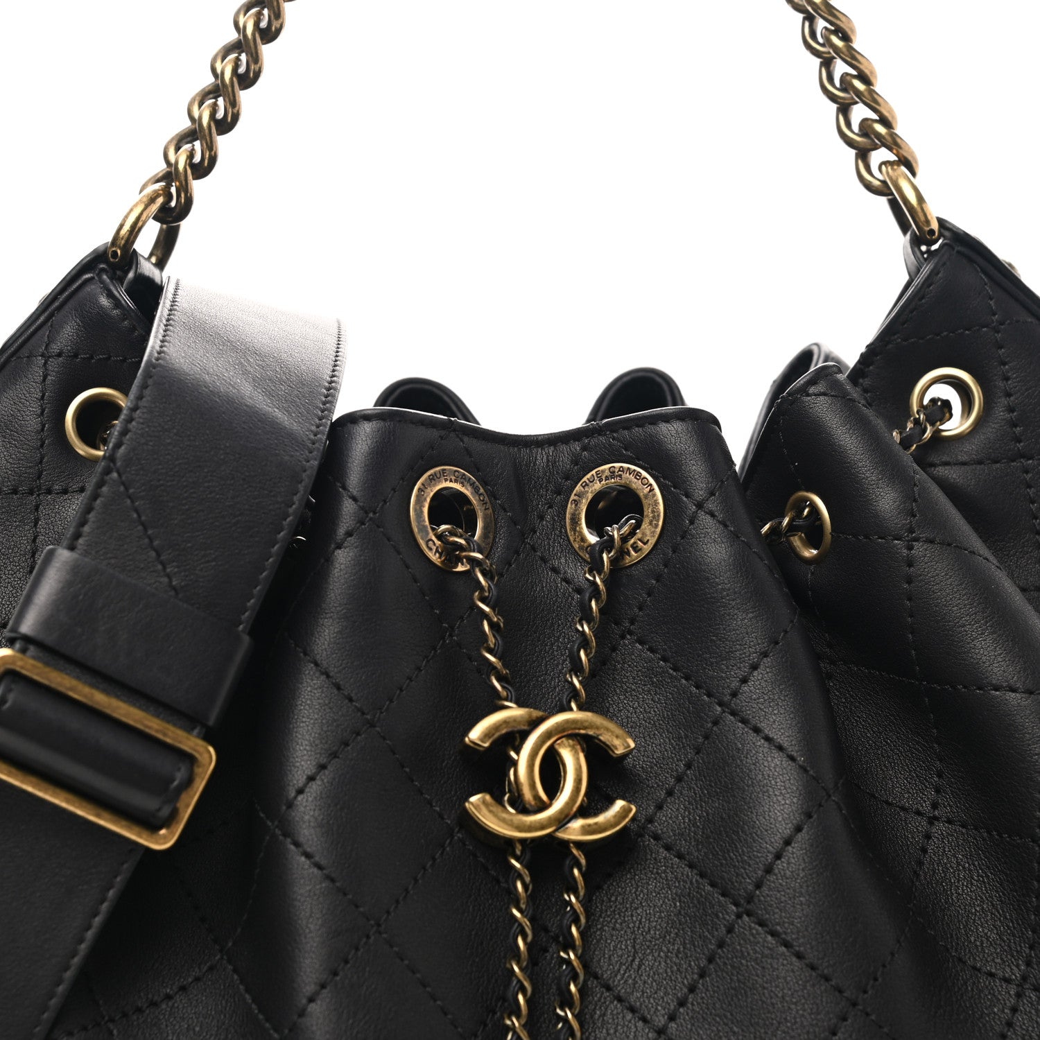 Chanel Calfskin Stitched Small Paris Rome Drawstring CC Bag Black 8 of 10
