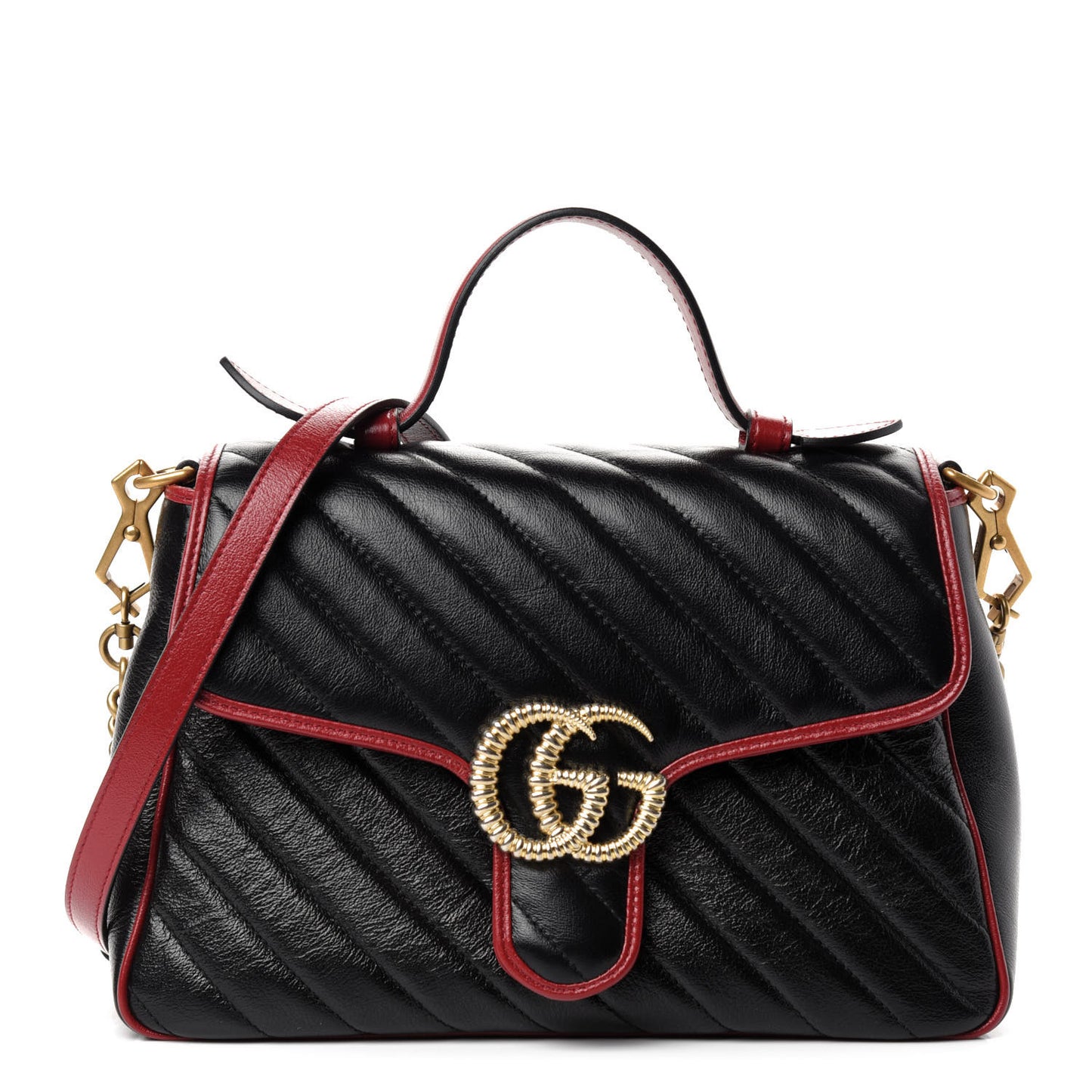 Vintage Effect Calfskin Matelasse Diagonal Small Torchon GG Marmont Top Handle Shoulder Bag Black Romantic Cherry