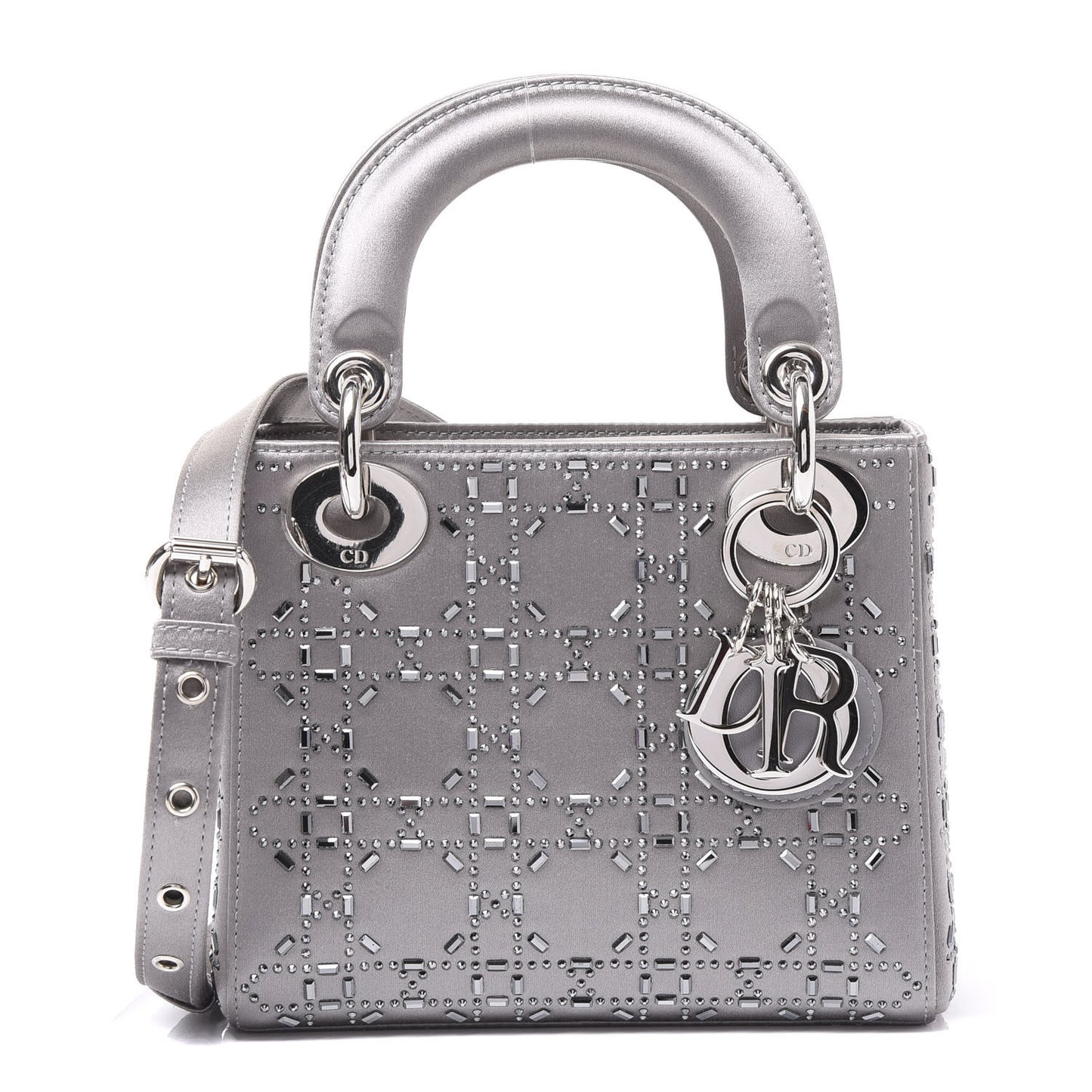 Satin Crystal Cannage Mini Lady Dior Gray